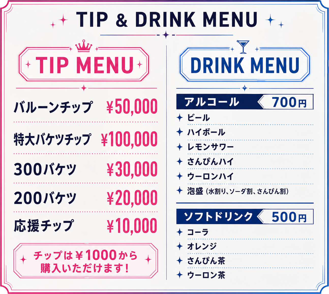 チップ＆ドリンクメニュー